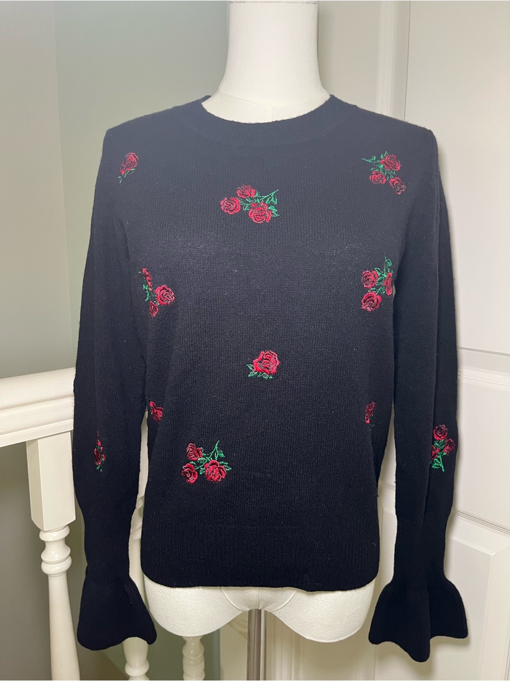 Sandro Paris Ingrid Rose Embroidered Wool Sweater Black Sz S Designer Floral
